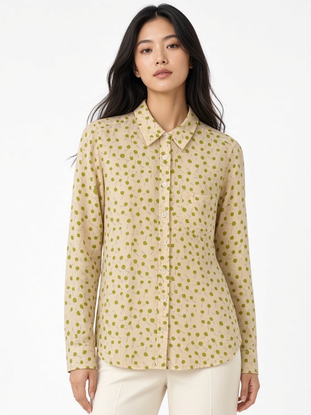 Equipment Femme Cream  Button-Down Shirt with Green Apple Dot Print